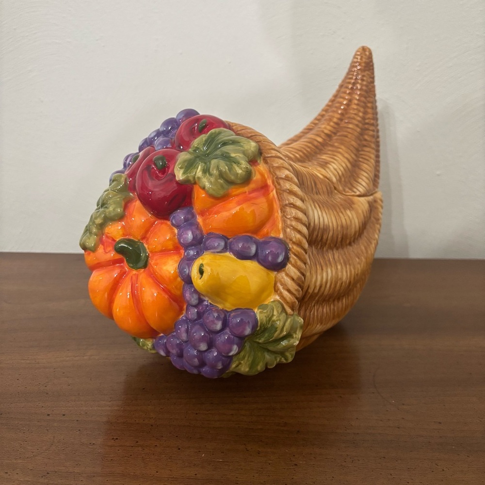 David’s Cookies Cornucopia Cookie‎ Jar Fruits Thanksgiving Wicker Ceramic Rare